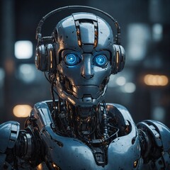 A futuristic cartoon robot with a friendly smile and glowing blue eyes.