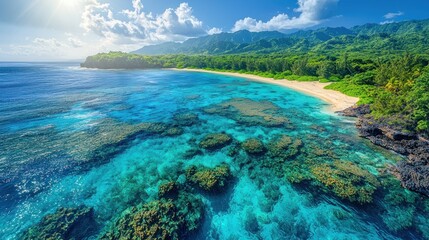 Obraz premium Tropical beach, turquoise water, lush mountains, scenic bay, aerial view, paradise, travel destination