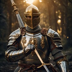 A brave cartoon knight in shining armor holding a golden sword, standing heroically.