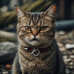 A grumpy but adorable cartoon cat with big expressive eyes and a small fishbone in its mouth.