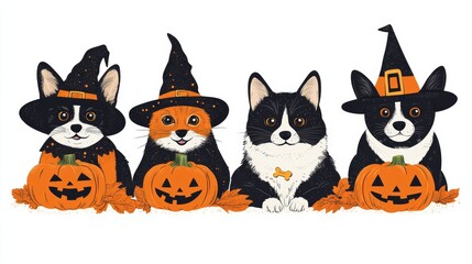 A collection of cute cartoon dog pets in scary Halloween costumes, rendered in modern art style, presented as isolated clipart on a white background