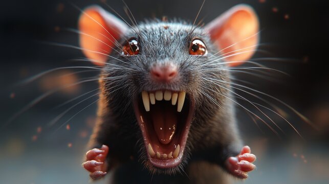 In a cartoon style, a grey rat or mouse appears both angry and funny, with a pet animal in the background