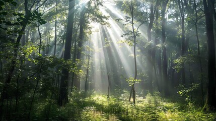 Fototapeta premium A sunbeam shines through the leaves of a lush green forest.