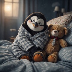 A sleepy cartoon penguin in pajamas, hugging a teddy bear.