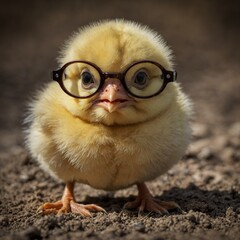 A baby chick with oversized glasses, looking curiously at the viewer.