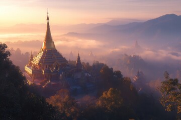 Golden Pagoda Sunrise Misty Mountains in Asia and Nature Landscape Viewpoint in High Elevation With