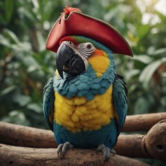A chubby cartoon parrot wearing a tiny pirate hat, smiling.