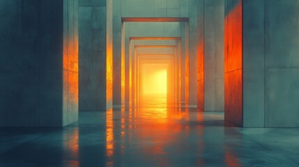 Abstract architectural corridor with glowing orange light reflections at sunset. Futuristic design and modern art concept