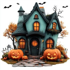 A contemporary clipart depiction of a Halloween pumpkin house, incorporating a frightening and eerie horror theme with dark, evil, and creepy details, including black bats, on an isolated white