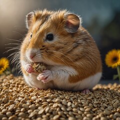 A round, fluffy hamster stuffing its cheeks with sunflower seeds.