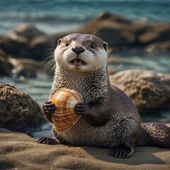 A cute cartoon otter holding a seashell and smiling.