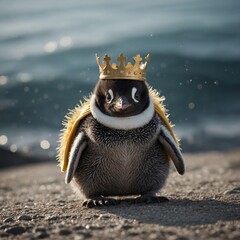 A cheerful baby penguin with a golden crown and a tiny cape.