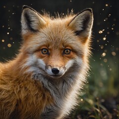 A fluffy baby fox with golden fur and a little fairy dust around it.