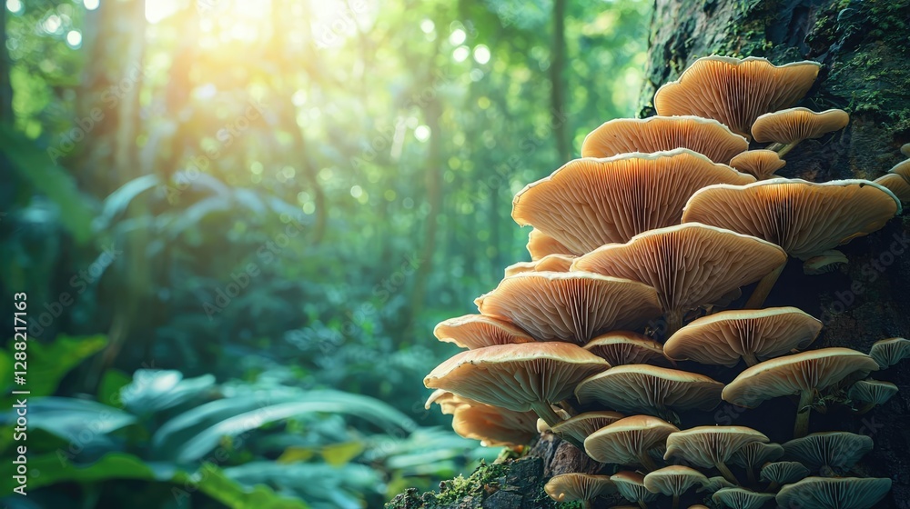 Aufkleber earth day environmental idea. beautiful mushrooms growing on a tree in a lush forest with soft sunli