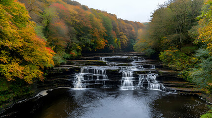 Autumn Waterfall Cascading Over Rocks in a Forest