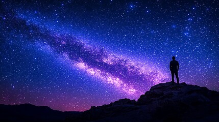 Fototapeta premium Man standing on a hilltop, gazing at the starry night sky, Milky Way in the background, inspiration