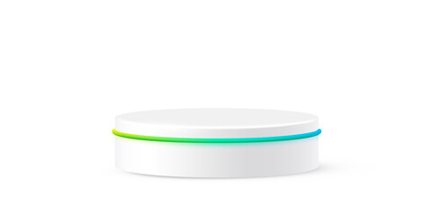 White round podium with glow neon line. Product display stand isolated on white background. Cosmetic showcase pedestal, platform, stage for product presentation. Realistic vector illustration.