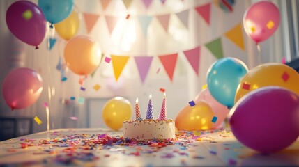 A vibrant birthday party scene filled with colorful balloons, paper banners, confetti, and party hats scattered on a table, captured with soft-focus lighting to evoke a joyful atmosphere
