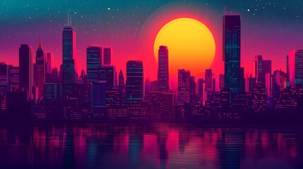 A neon colored 80s cityscape