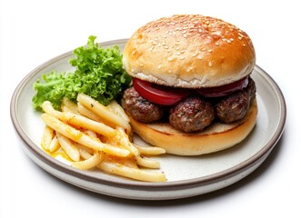 Spaghetti with meatballs on a plate, isolated on a white background. Top view, flat lay, with studio lighting. High-resolution photography,