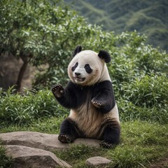 A round and plump baby panda waving happily.