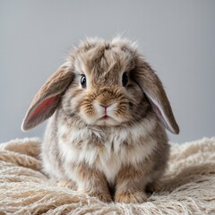 A fluffy baby bunny with oversized ears and big sparkling eyes, sitting on a white background.