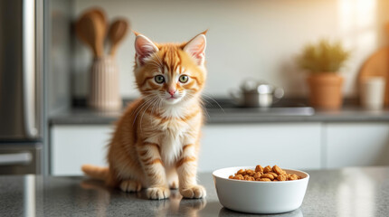 A fluffy ginger kitten with green eyes sits on a kitchen counter next to a white bowl filled with dry cat food