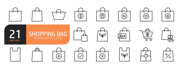 Set of line icons related to shopping bag, grocery plastic, shopping packaging and more. Outline icons collection. Editable stroke. Vector illustration.