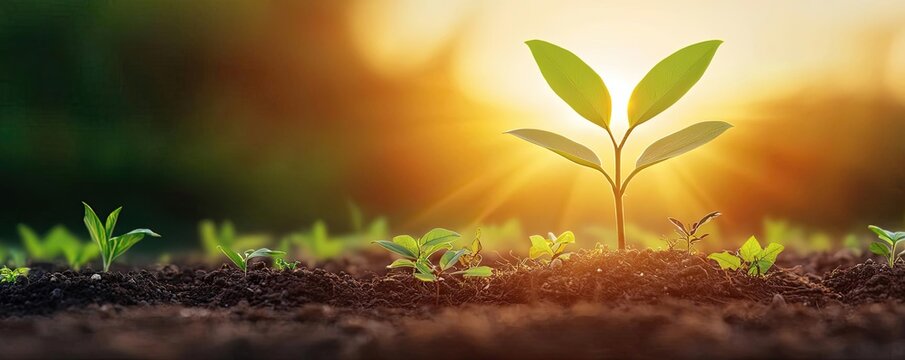 Earth day environmental concept. A young sprout emerging from rich soil under warm sunlight in a garden setting.