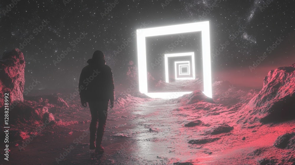 Poster a futuristic 3d abstract design with white neon laser lines creating a square wireframe grid tunnel 