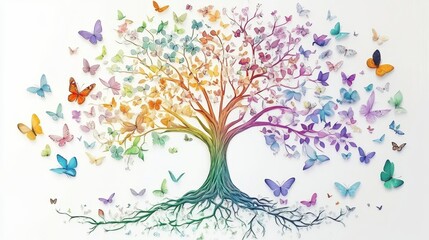 Obraz premium Butterfly Tree Colorful Insect Art on White, nature, fantasy
