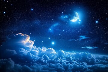 Fototapeta premium Full Moon Nightscape Stars, Clouds and Celestial Glow, dreamscape , nightsky