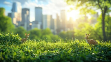 Obraz premium Earth day environmental idea. Two rabbits grazing in a lush green field with a city skyline in the background.