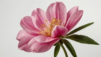 Obraz premium Detailed Pink Flower Blossom with Yellow Pistils Against a White Background in Studio Lighting