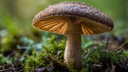Fototapeta premium Detailed Macro Photograph of a Wild Brown Mushroom Growing on Mossy Ground in Natural Light