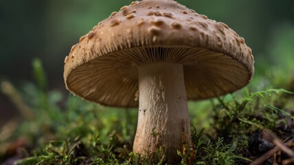 Fototapeta premium Detailed Macro Image of a Brown Mushroom Cap and Stalk on Mossy Ground in Soft Light