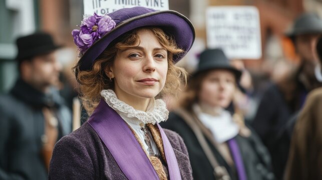 Historical Figure in Purple Hat at Protest, Capturing the Spirit of Activism and Suffrage Movement in 1660s Era