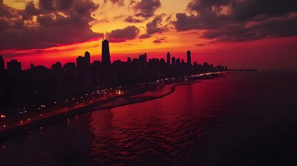 Obraz premium chicago skyline sunset aerial view