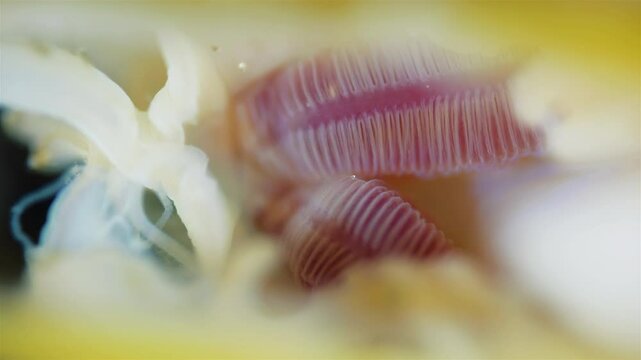 Mollusca Yoldia hyperborea under microscope, order Nuculanida Visible gills and their movement. White Sea