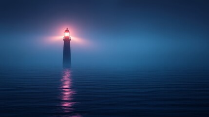 Fototapeta premium As night falls, the lighthouse on the coast emits a radiant light, highlighting the wavy blue ocean and stone mountains, capturing the essence of a beautiful summer sunset