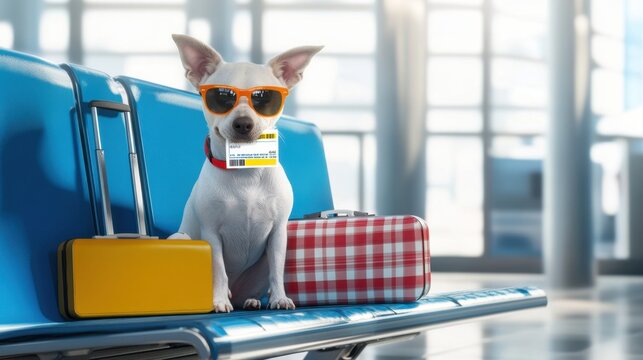 Dog with sunglasses at an airport
