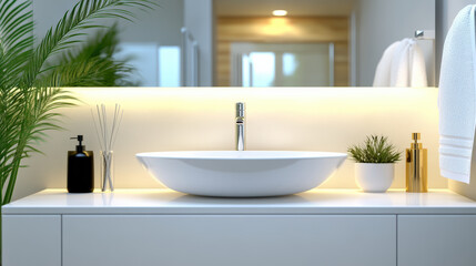 Modern bathroom setting with sleek sink, plants, and elegant decor. warm lighting creates relaxing atmosphere, perfect for luxurious experience