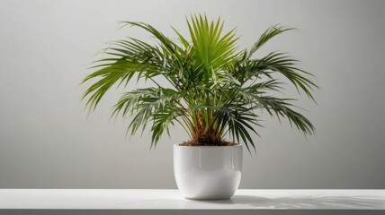 Obraz premium Vibrant Areca Palm Plant in a White Pot on a White Table Against Neutral Backdrop Indoor Setting with Bright Lighting