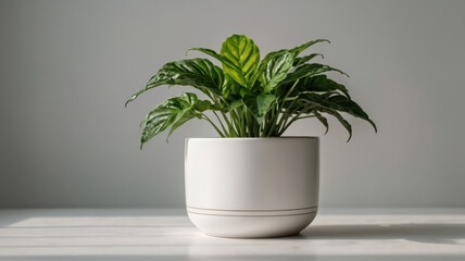 Fototapeta premium Vibrant Green Plant Displayed in White Ceramic Pot Against Minimalist Background for Home Decor