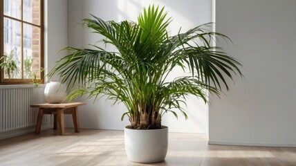 Vibrant Indoor Areca Palm in White Pot on Wooden Floor near Window in Minimalist Room with Natural Light