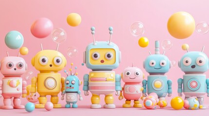 Obraz premium A digital 3D rendering of futuristic cyber robots depicted as toys in a vibrant cartoon cyber city, ideal for an IT AI fairy tale book background
