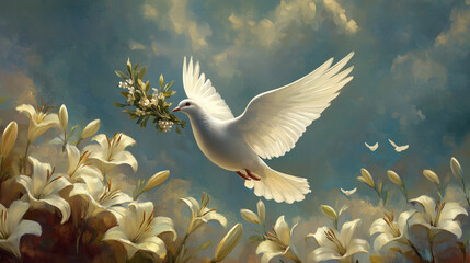 Obraz premium A dove carrying an olive branch, flying over a field of Easter lilies