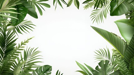 Fototapeta premium Lush Green Tropical Leaves Frame on White Background