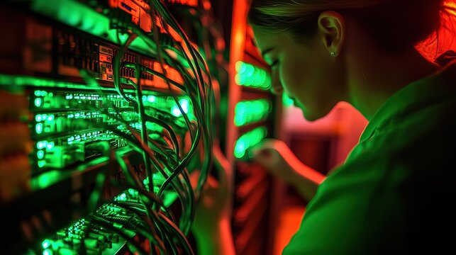 Female engineer focused in server room, showcasing innovation and technical expertise.
