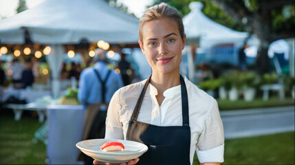 A young Caucasian waitress presenting plate with sushi at garden party.